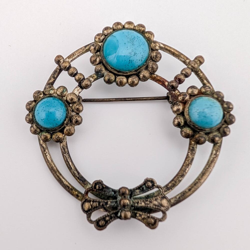 Antique/Vintage 1920's Wreath Brooch Pin with Turquoise Glass Cabochons